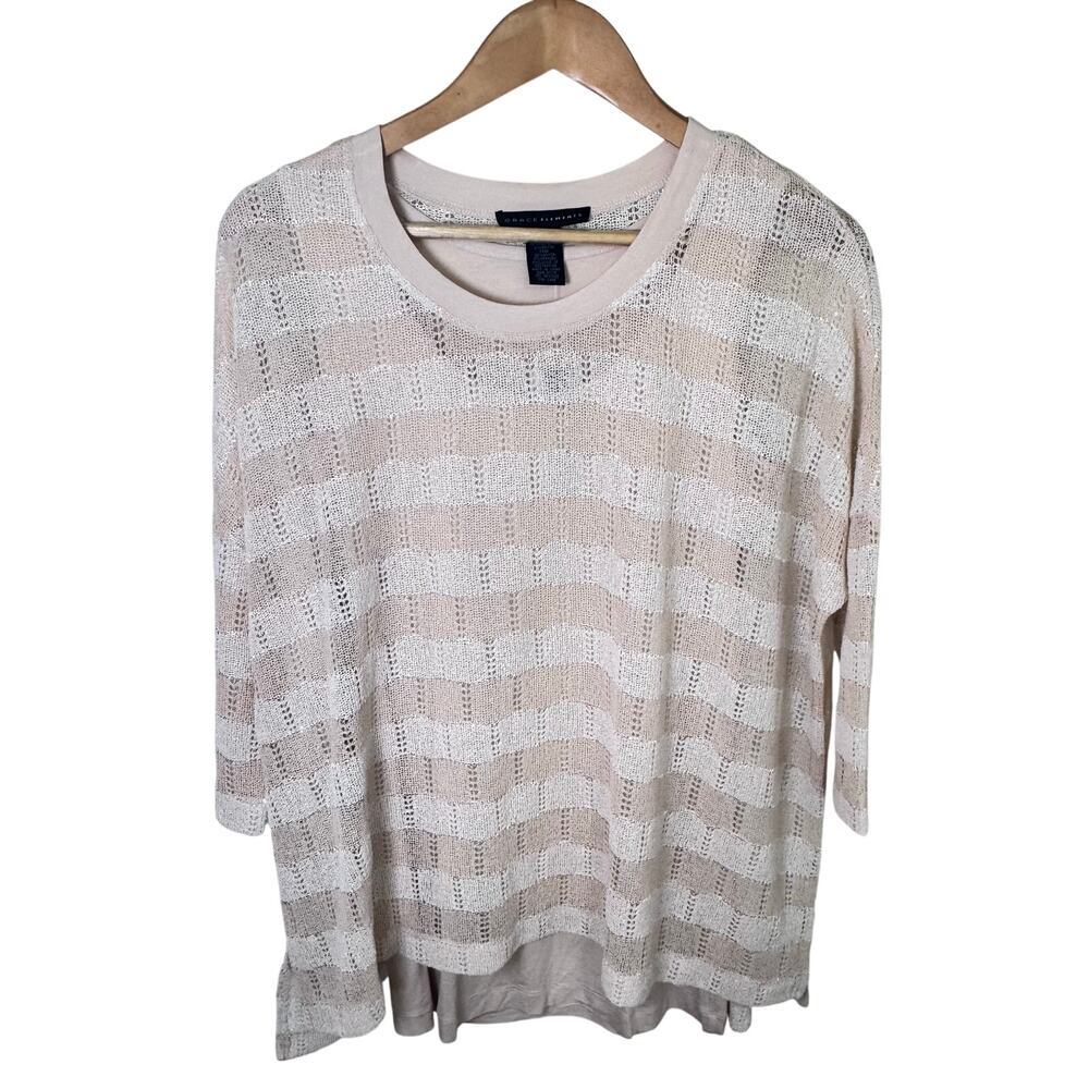 New GRACE ELEMENTS Pointelle Beige Winter White Striped‎ Knit Layered Sweater Sm
